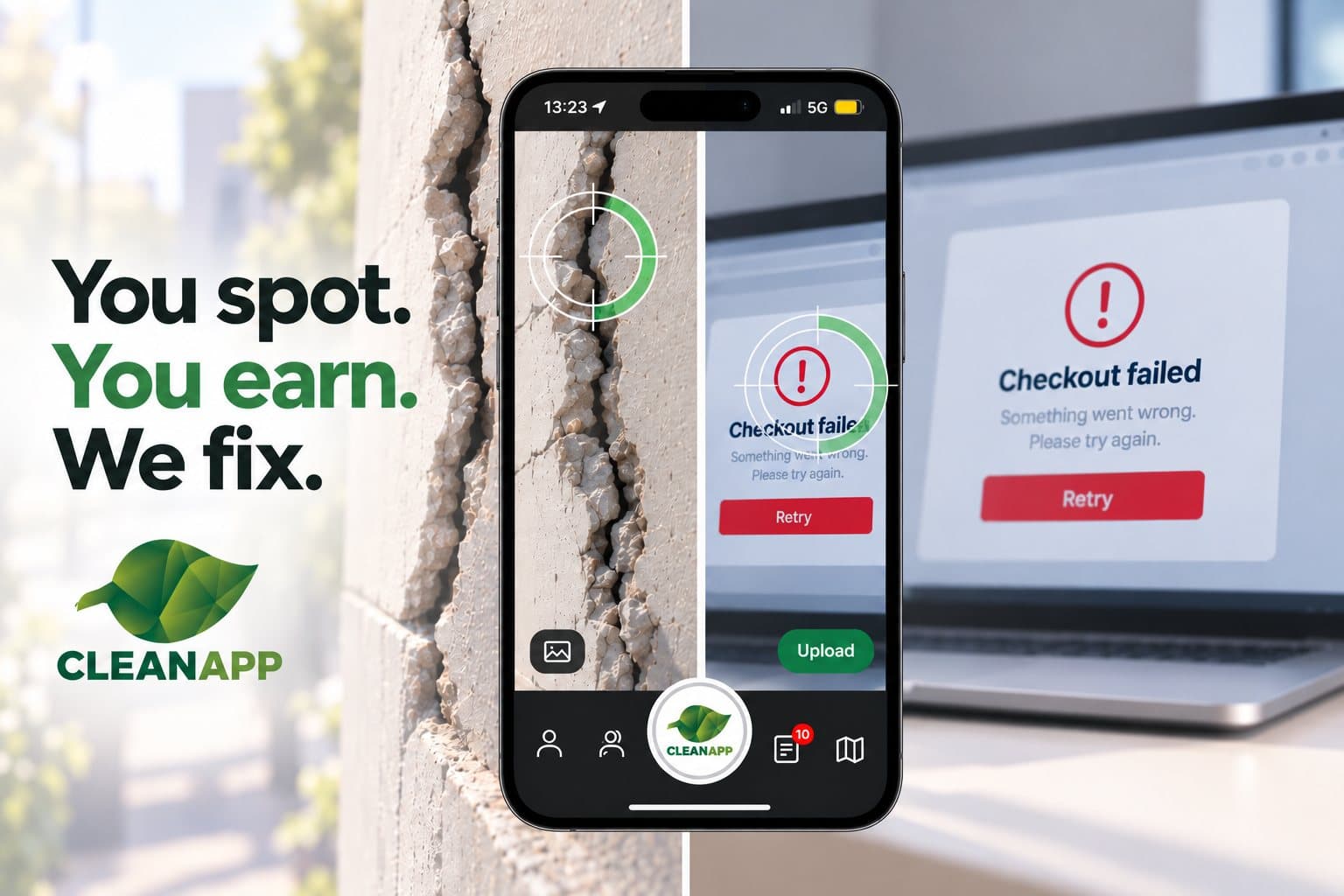 CleanApp capturing a cracked wall and a failed checkout screen